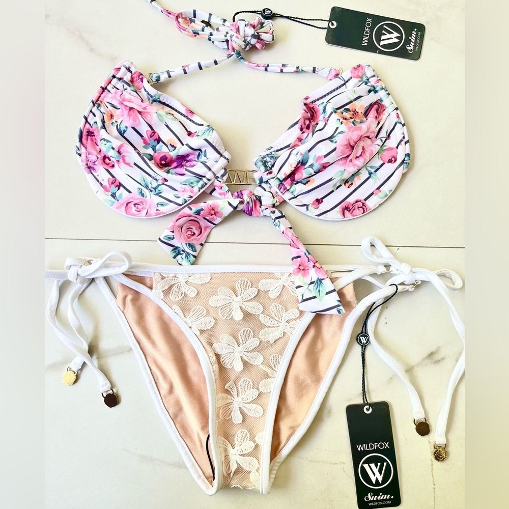 Nwt Wildfox underwire pink floral lace mesh nude bikini set